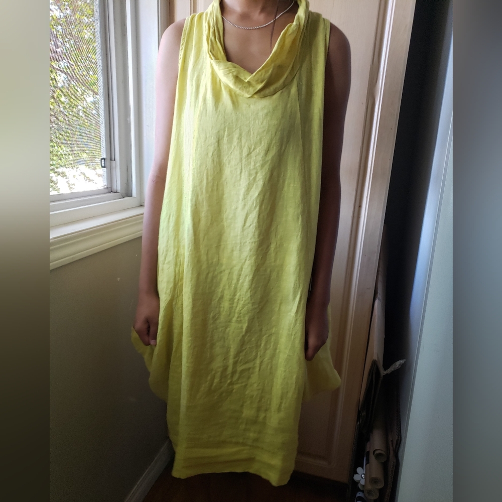 Bella Amore 100% Linen Yellow Sleeveless Drape Dress